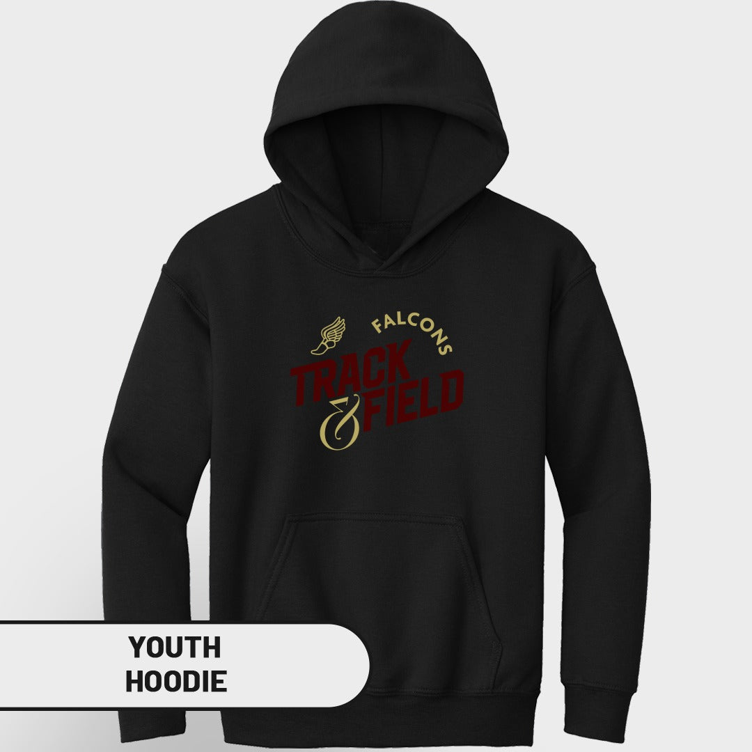 Black youth hoodie with "Falcons Track & Field" text and wing graphic.