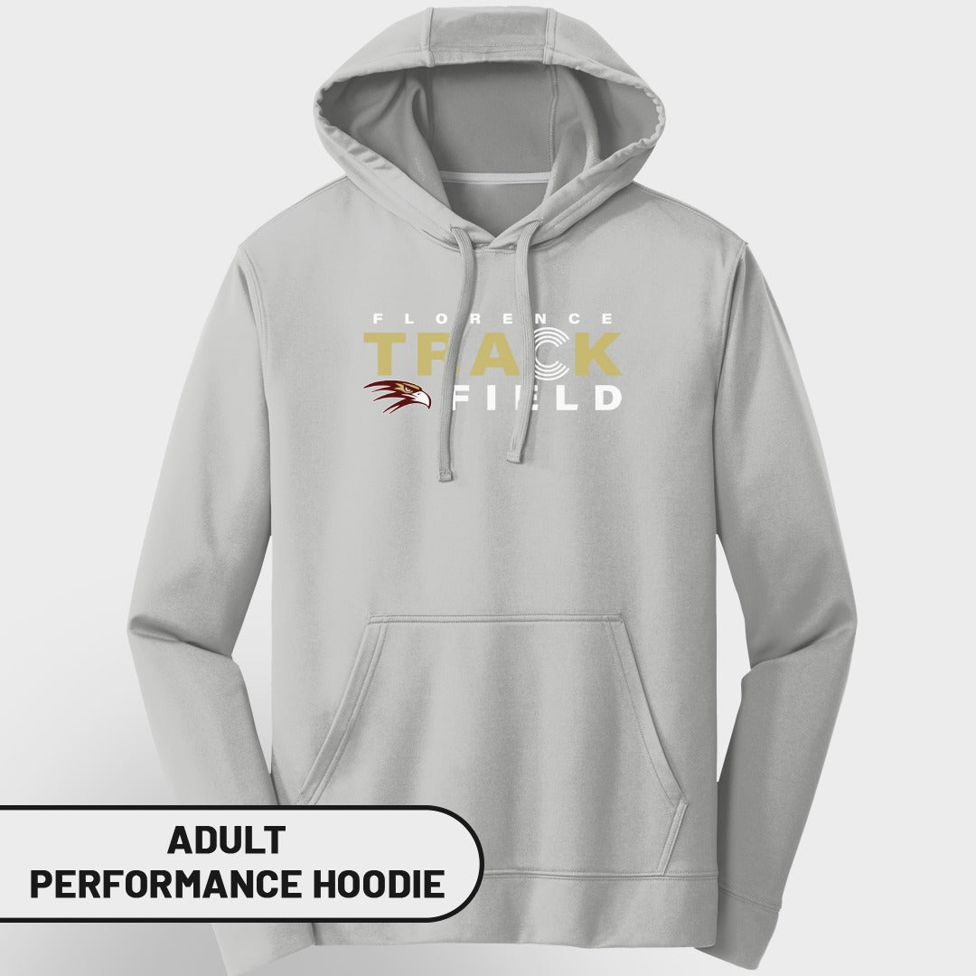 Light gray adult performance hoodie with "Florence Track & Field" logo.