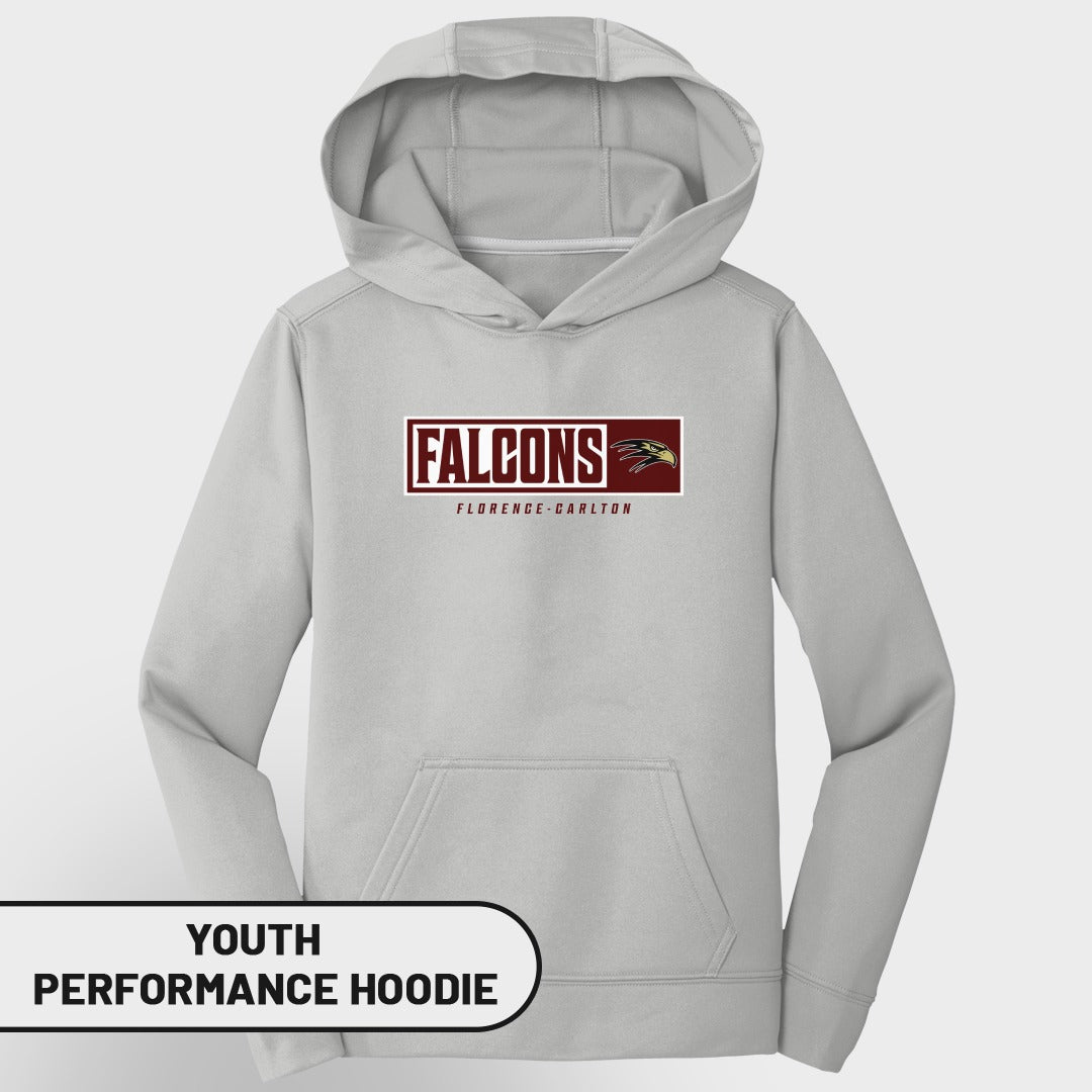 Light grey youth performance hoodie with "FALCONS FLORENCE-CARLTON" logo.