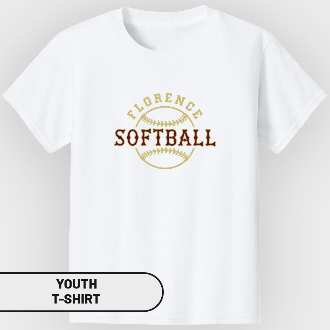 White youth t-shirt with "Florence Softball" graphic on a softball.