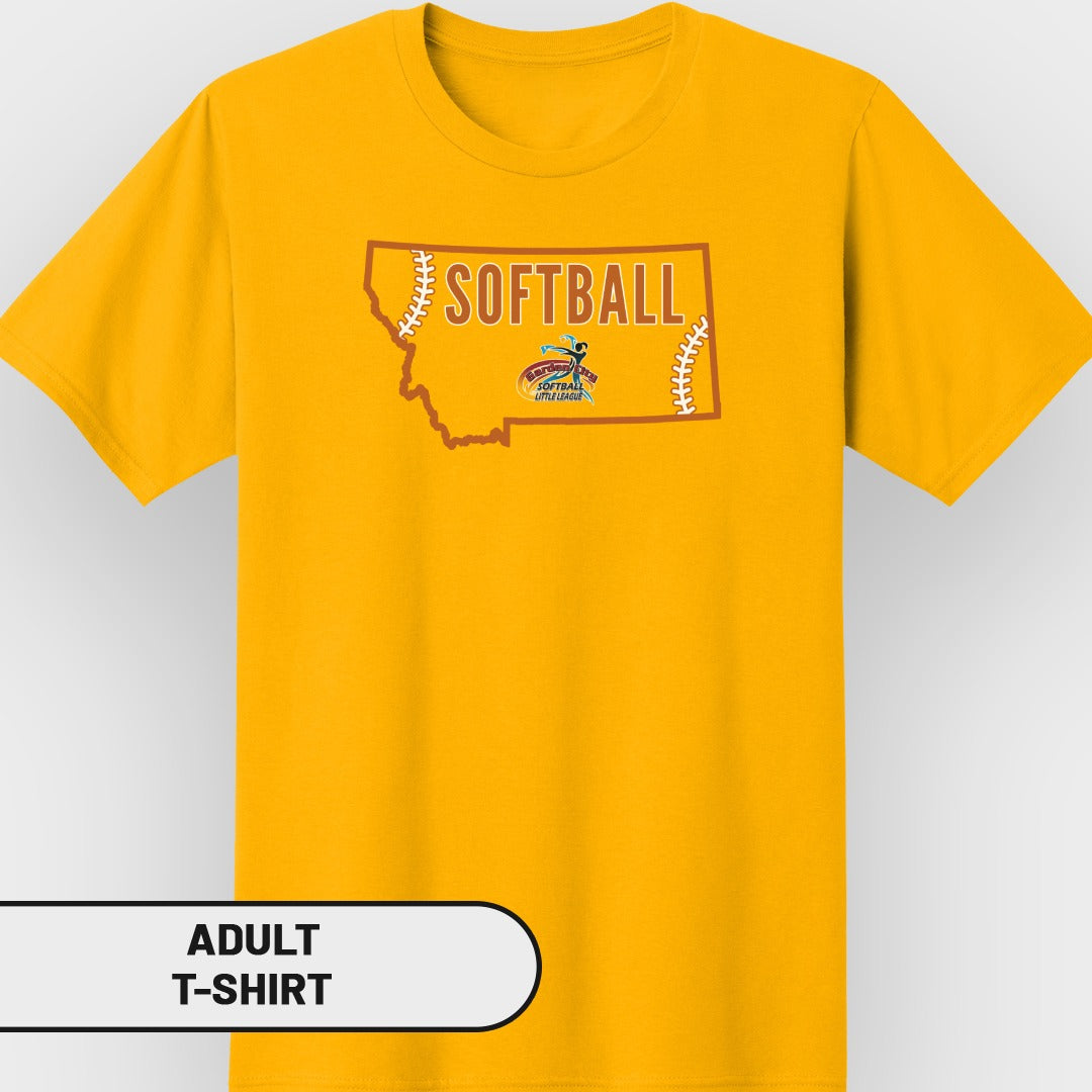 Yellow adult t-shirt with Montana outline graphic, "Softball" text, and Little League logo.