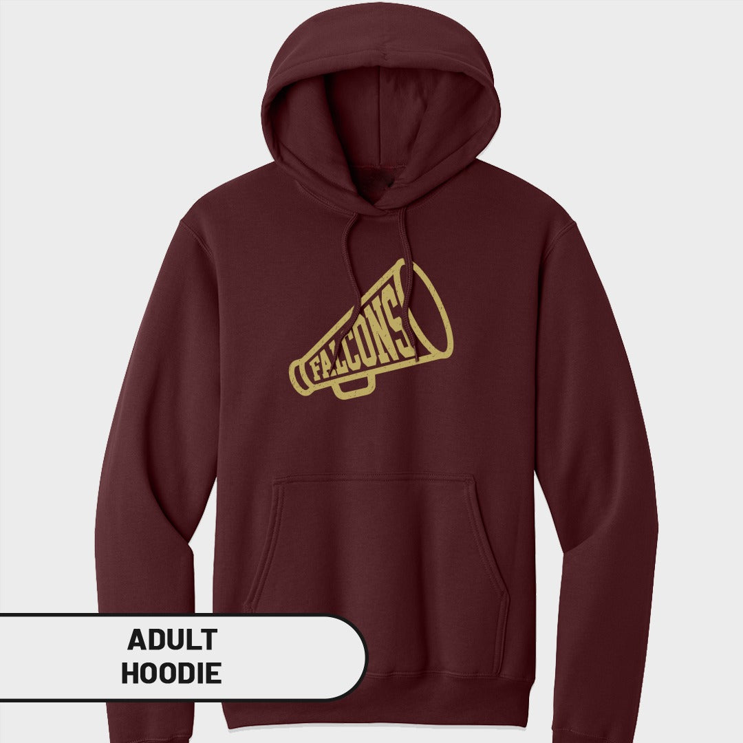 Maroon adult hoodie with "FALCONS" megaphone graphic in gold.