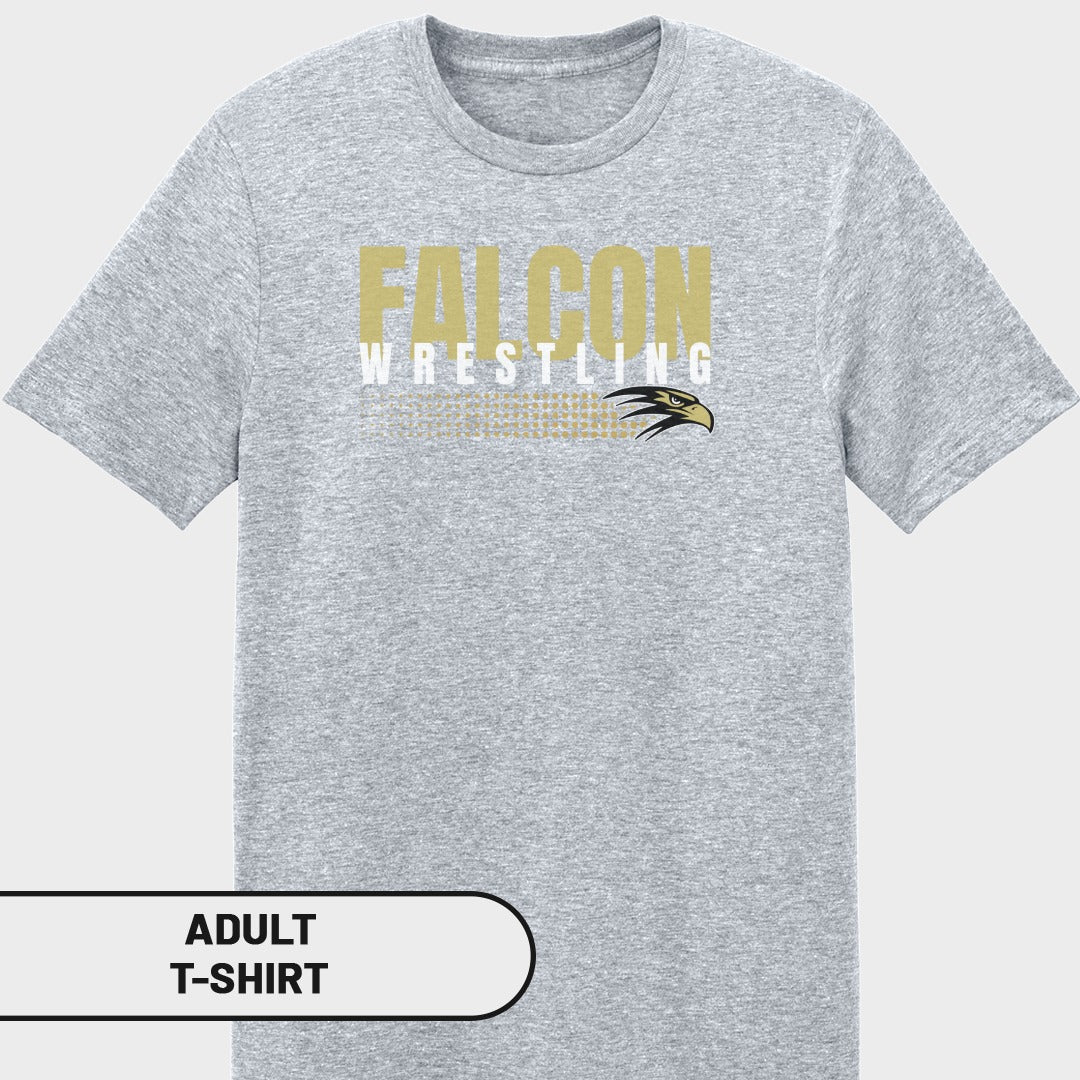 Grey adult t-shirt with "FALCON WRESTLING" text and falcon logo.