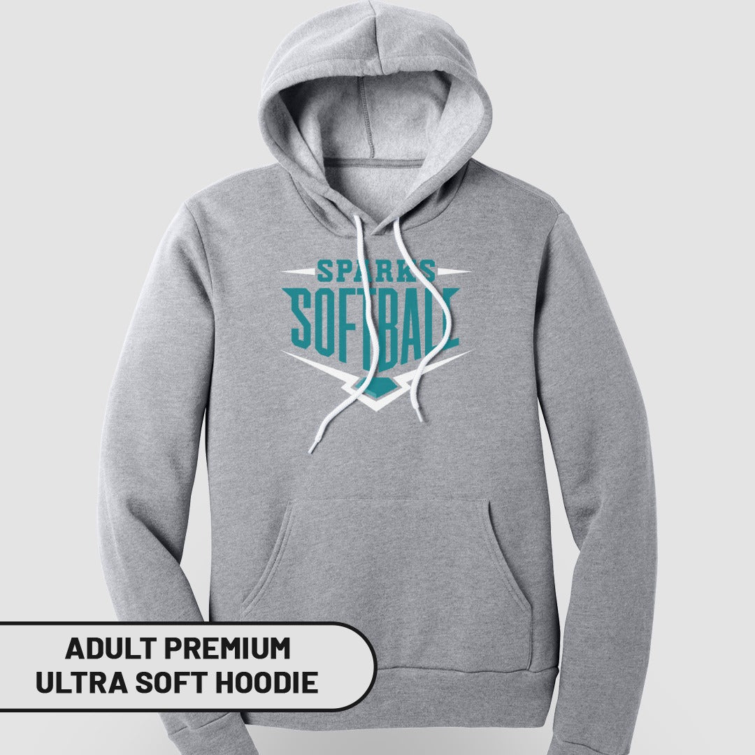 Gray adult premium ultra soft hoodie with "SPARKS SOFTBALL" graphic.