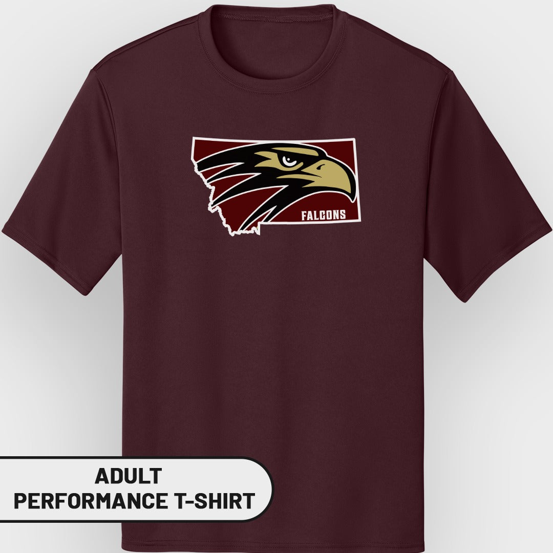 Maroon adult performance t-shirt with Montana map and Falcons logo.
