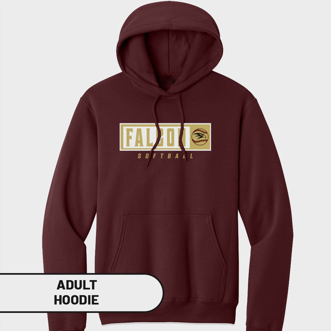 Maroon adult hoodie with "FALCONS SOFTBALL" text and falcon logo.
