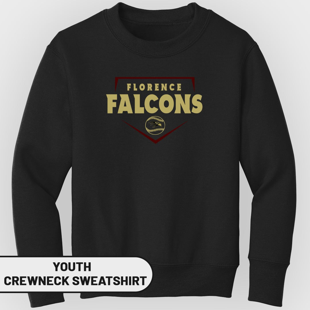 Black youth crewneck sweatshirt with "Florence Falcons" and baseball logo.