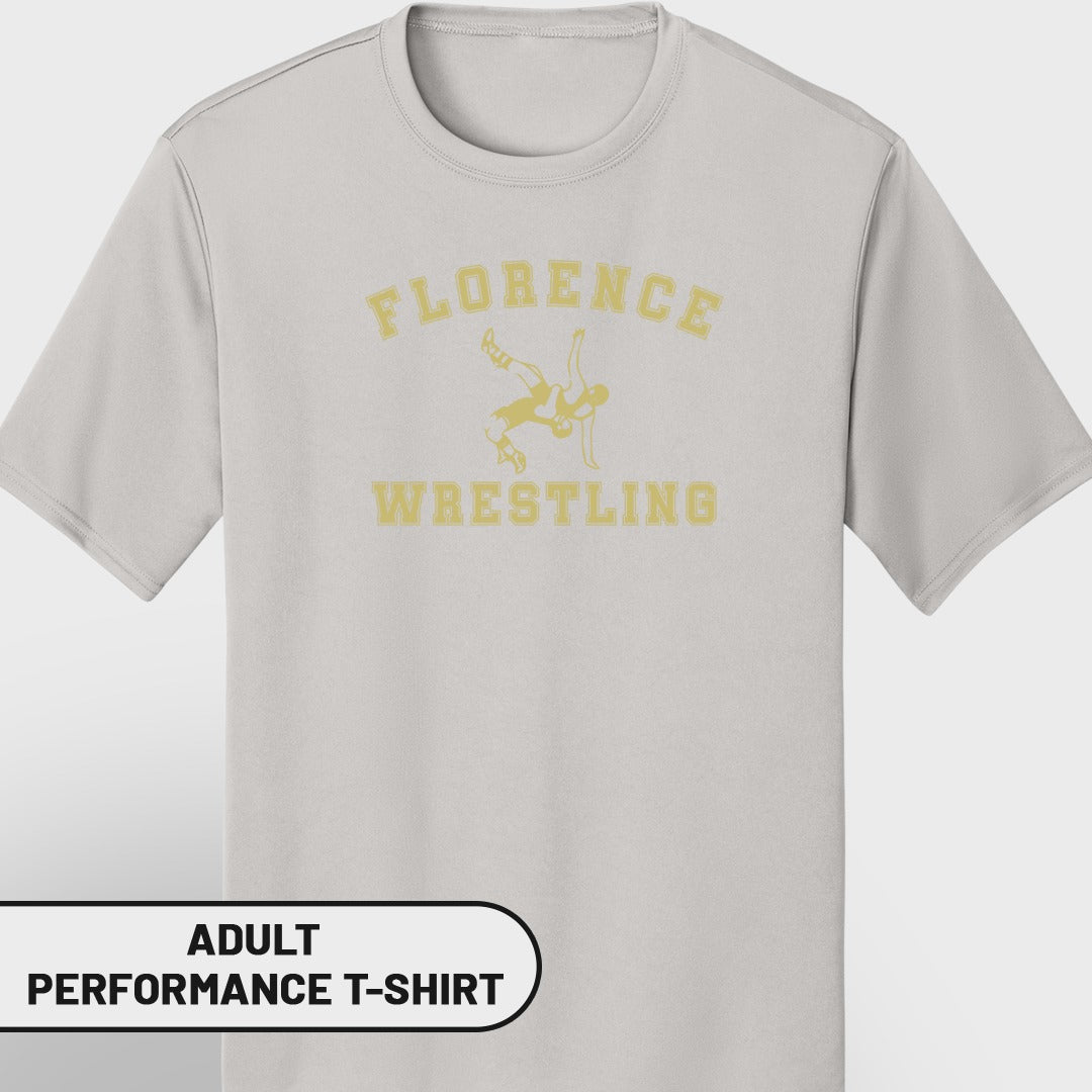 Light grey adult performance t-shirt with gold Florence Wrestling graphic.