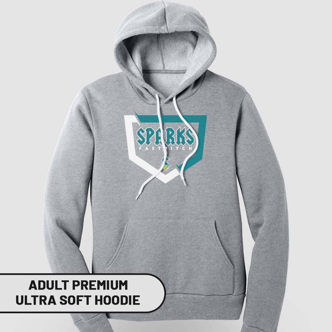 Gray adult premium ultra soft hoodie with Sparks Fast Pitch logo.