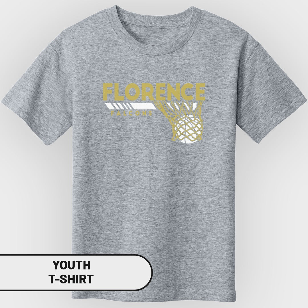Gray youth t-shirt with "FLORENCE FALCONS" and basketball hoop graphic.