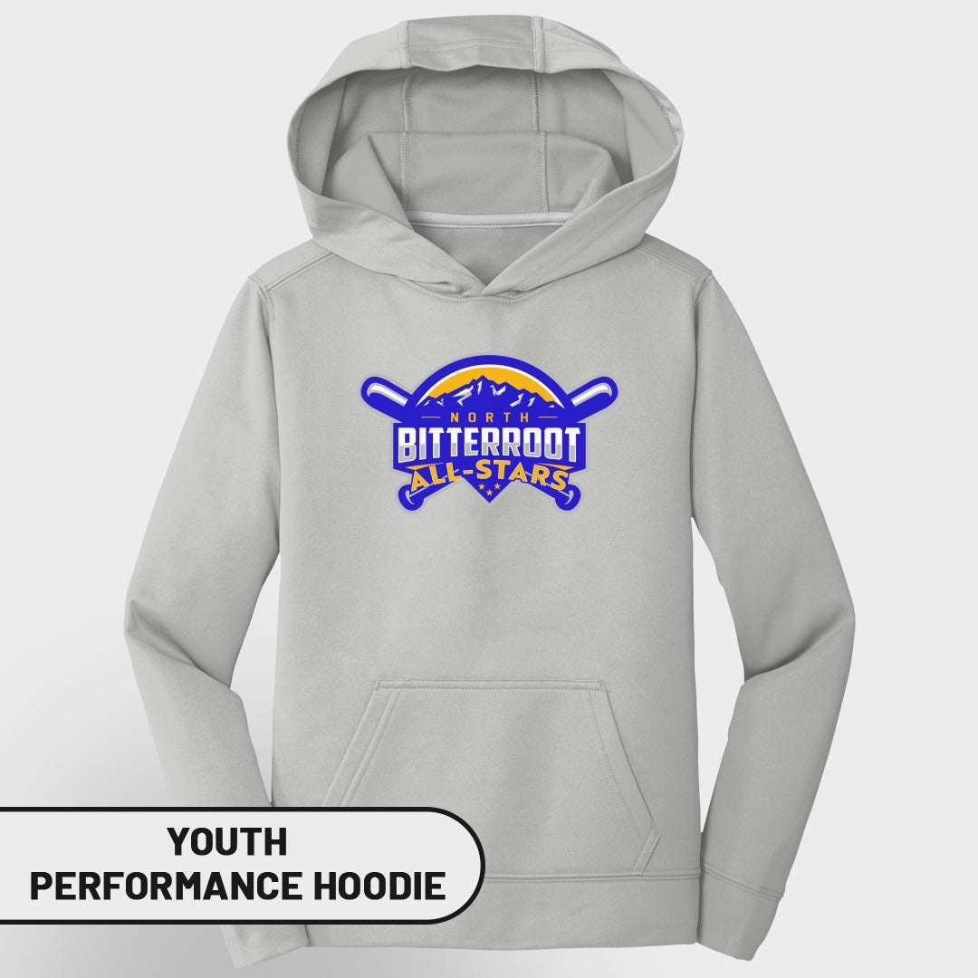 Light grey youth performance hoodie with "North Bitterroot All-Stars" logo.