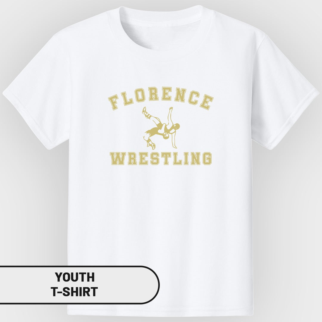 White youth t-shirt with "Florence Wrestling" and a wrestling graphic.