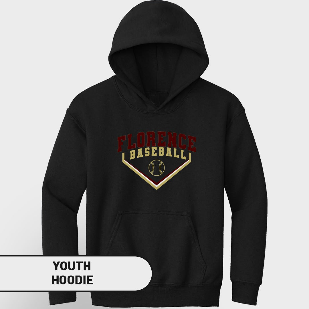 Black youth hoodie with "Florence Baseball" text and a baseball graphic.