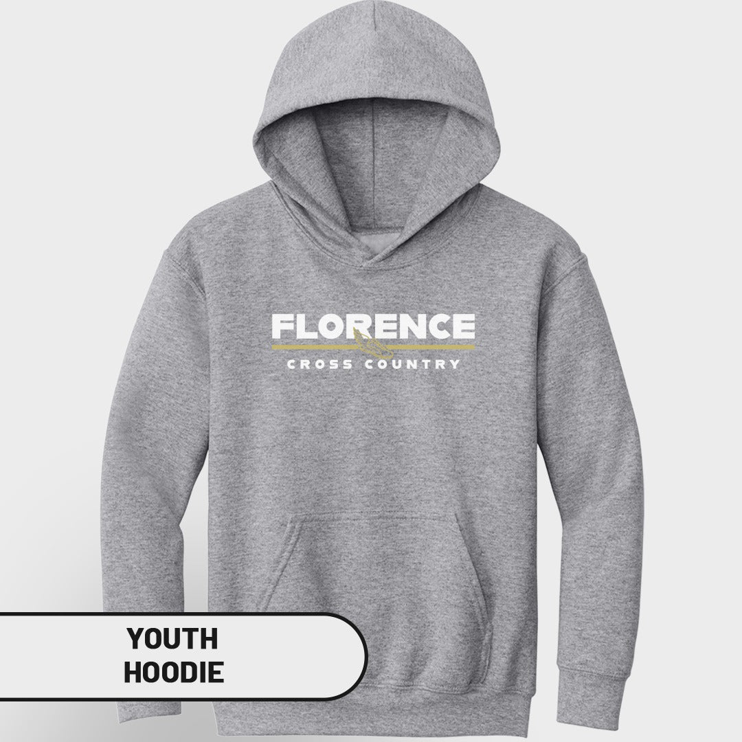 Grey youth hoodie with "Florence Cross Country" text and graphic.
