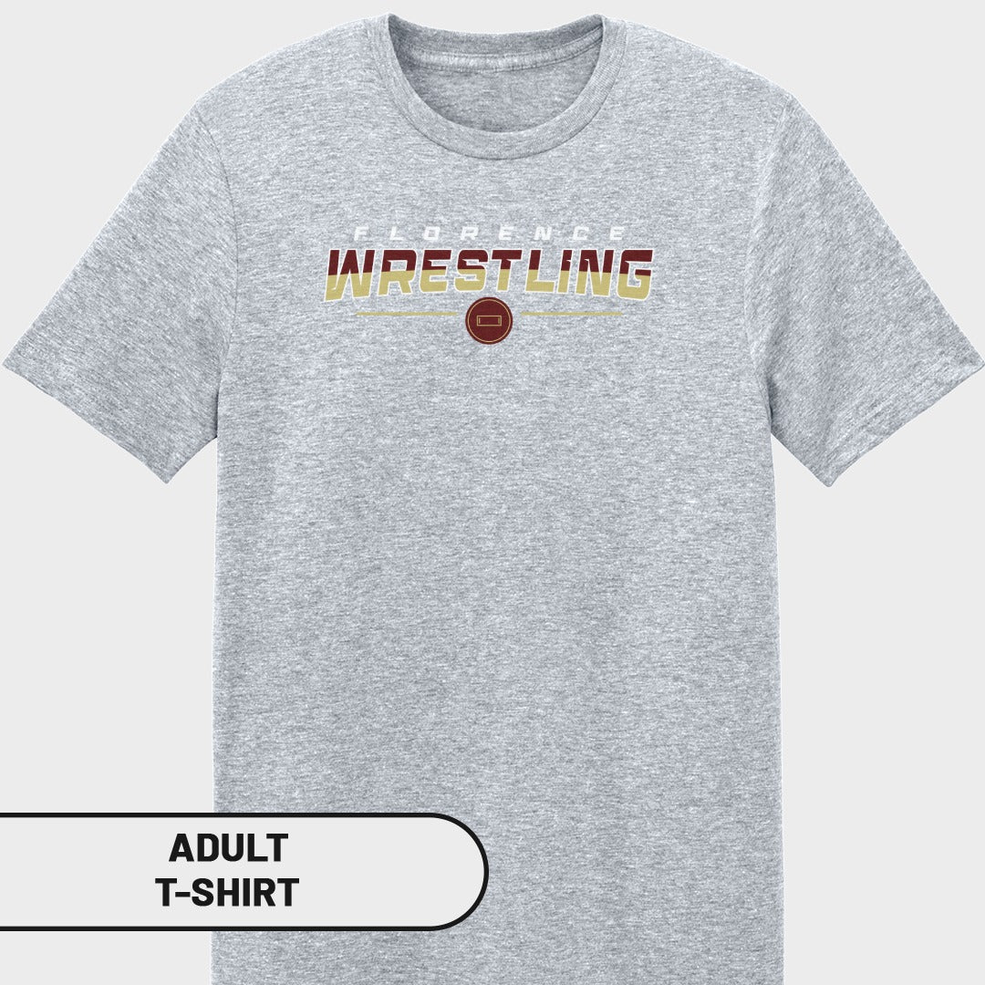 Grey adult t-shirt with "Florence Wrestling" and a circular logo.