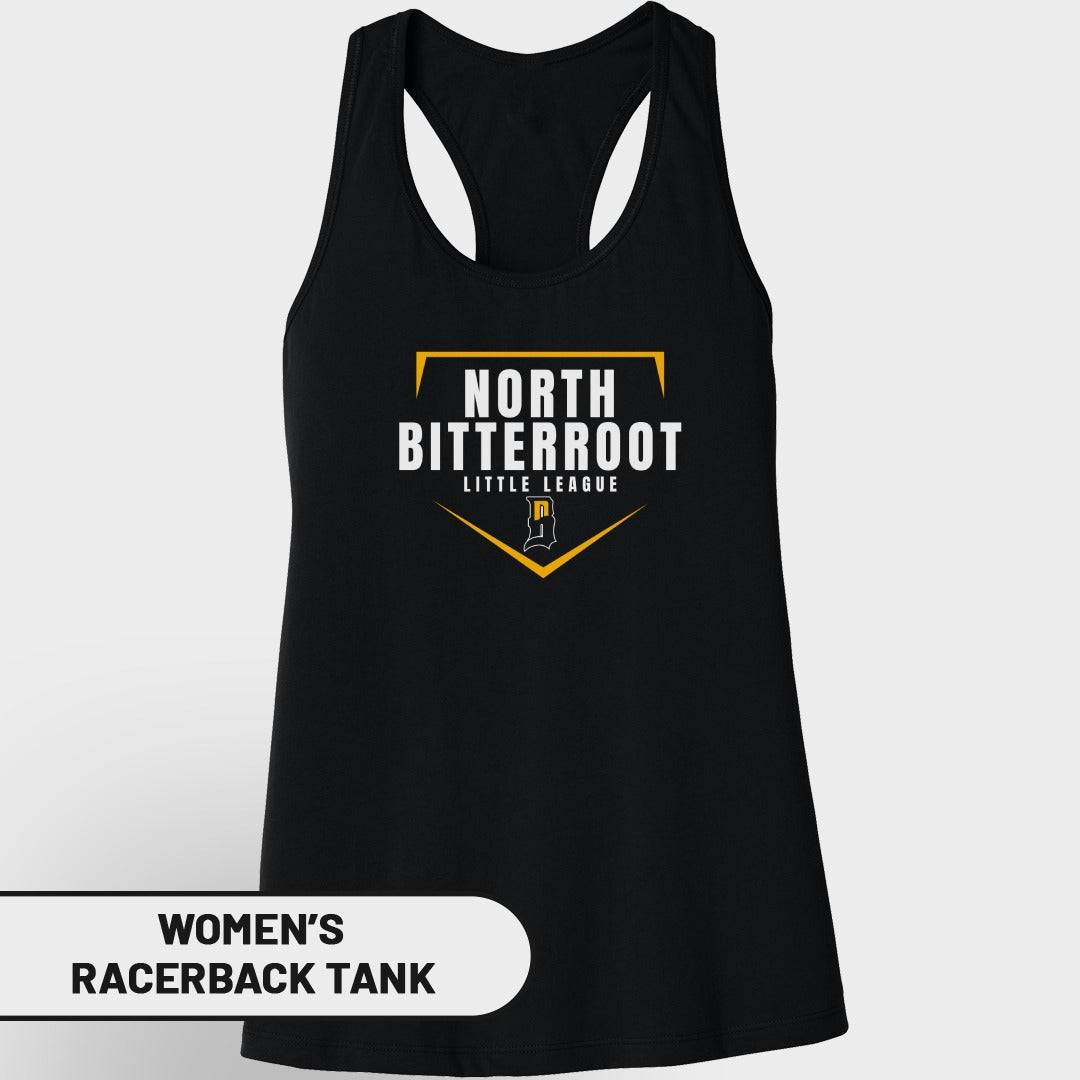 Black North Little League racerback tank top with white and gold logo.