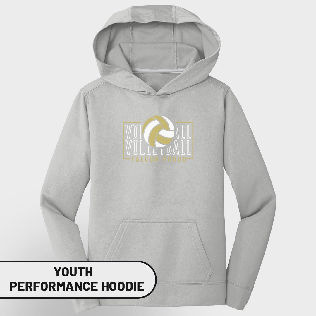 Youth grey performance hoodie with "Volleyball" text and volleyball graphic.