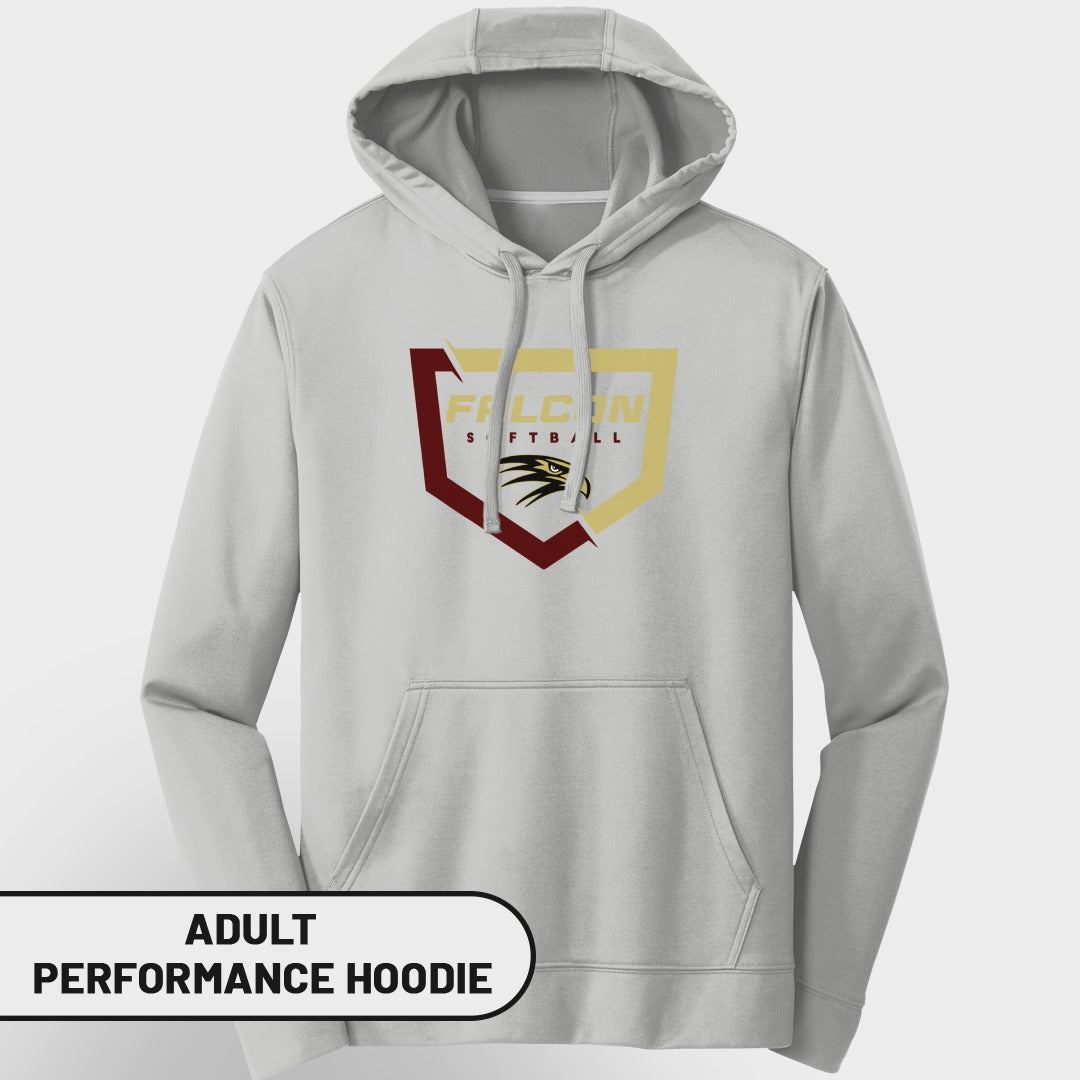 Light grey adult performance hoodie with Falcon Softball logo.