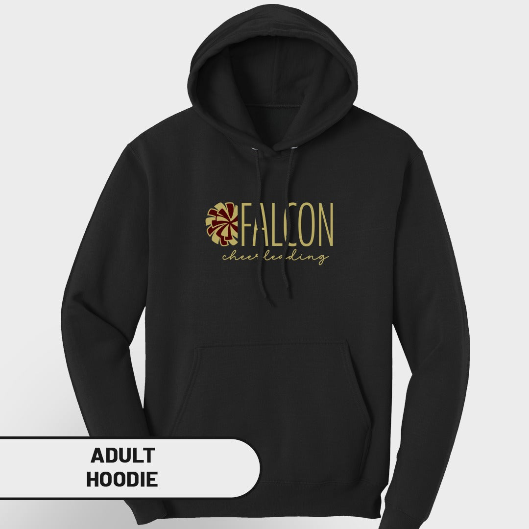 Black adult hoodie with gold "FALCON cheer leading" graphic.