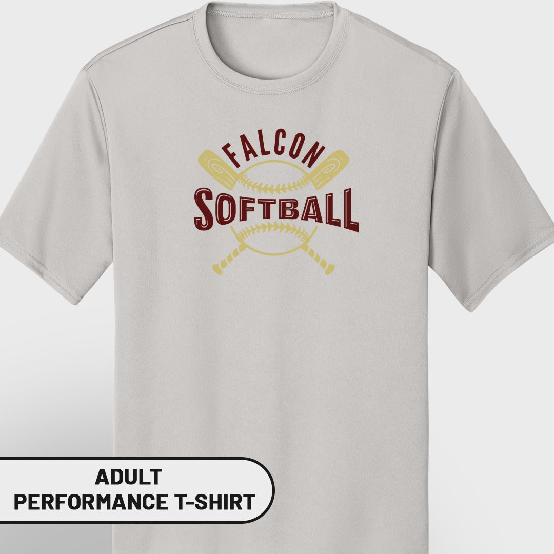 Adult performance t-shirt with "Falcon Softball" graphic and crossed bats and ball.