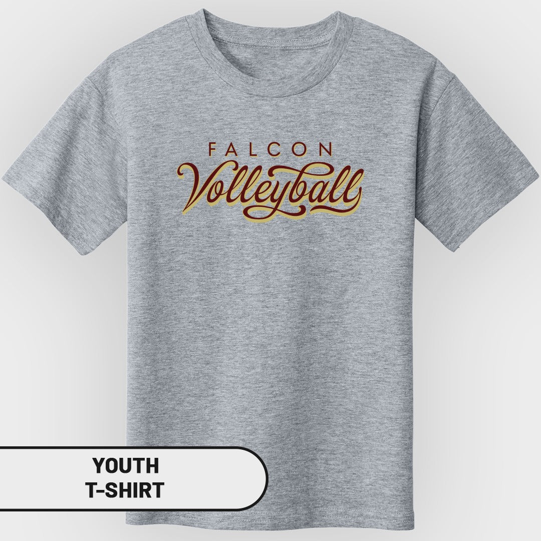 Grey youth t-shirt with "Falcon Volleyball" text printed in maroon and yellow.