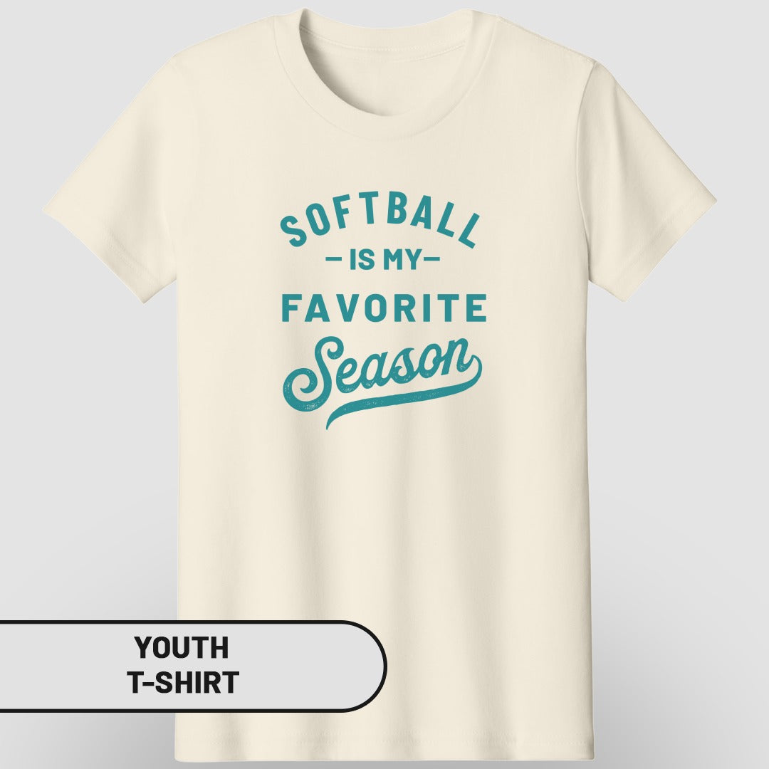 Cream youth t-shirt with "Softball is my favorite season" text.