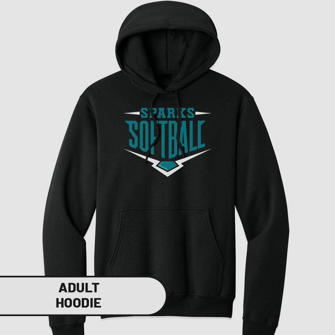 Black adult hoodie with "Sparks Softball" graphic.