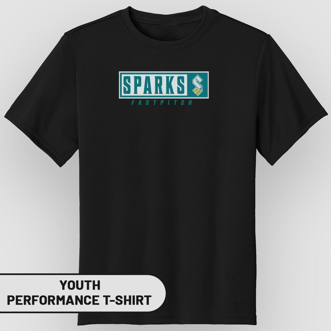 Black youth performance t-shirt with "SPARKS FASTPITCH" logo.