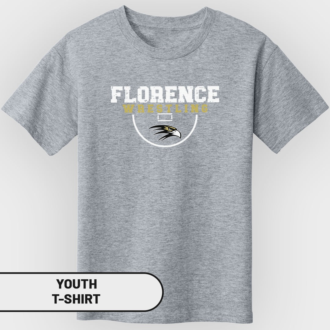 Grey youth t-shirt with "Florence Wrestling" and a hawk logo.