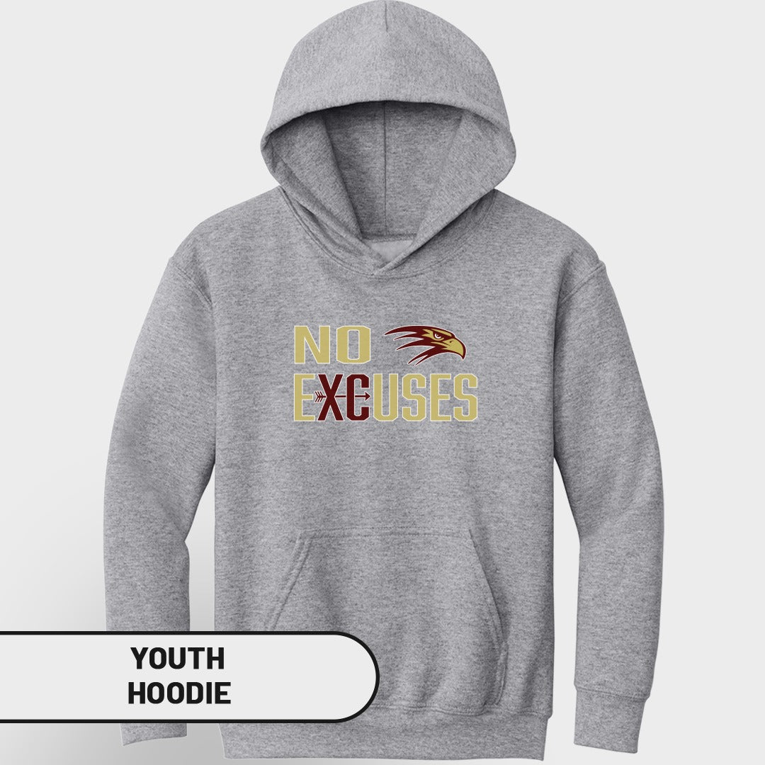 Grey youth hoodie with "NO EXCUSES" text and eagle graphic.
