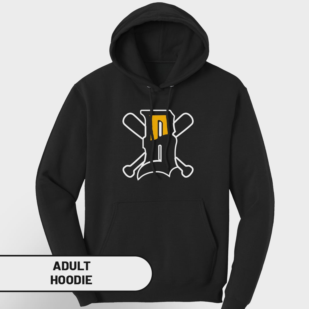 Black adult hoodie with white and yellow baseball bat logo.