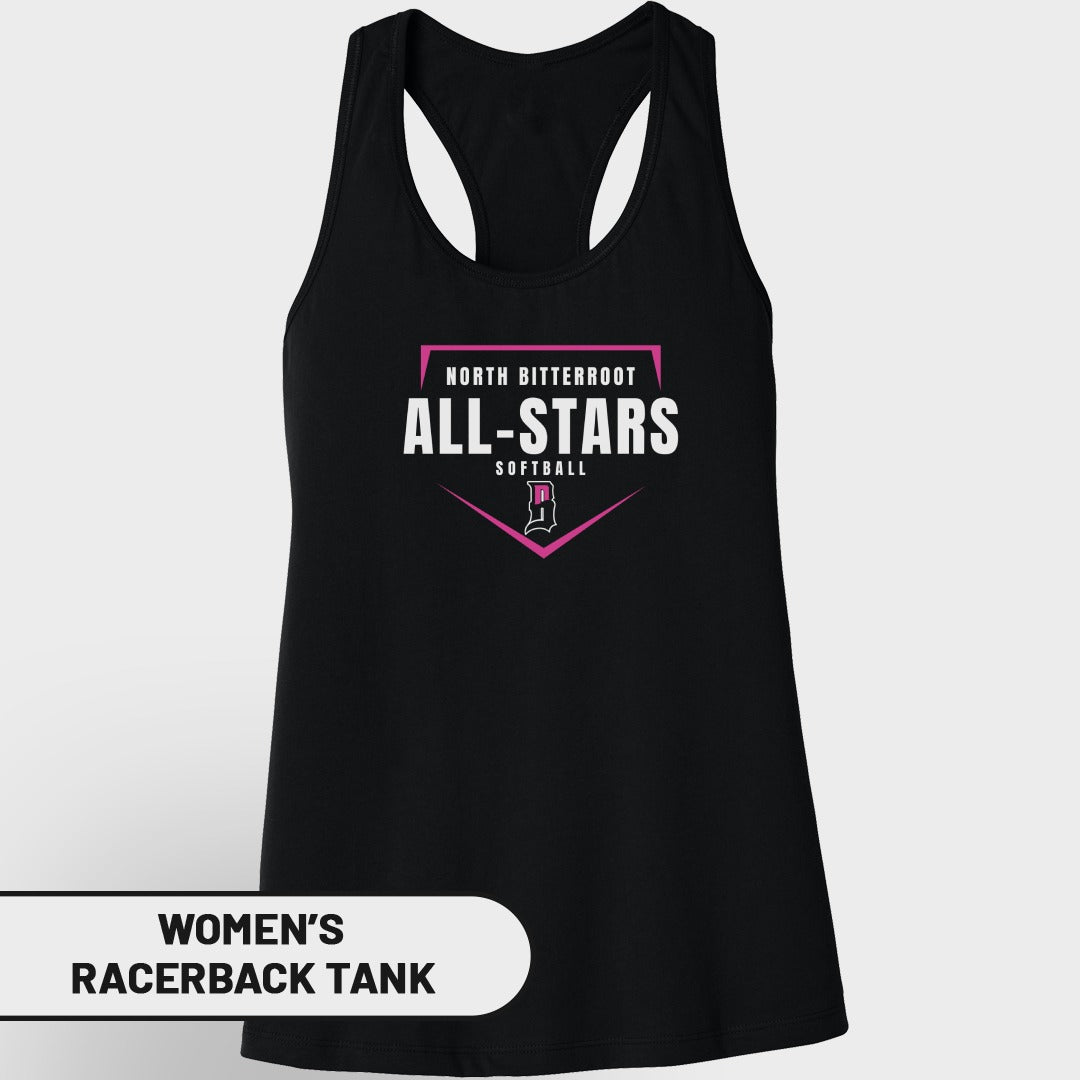 Black women's racerback tank with "North Bitterroot All-Stars Softball" and pink 'P' logo.