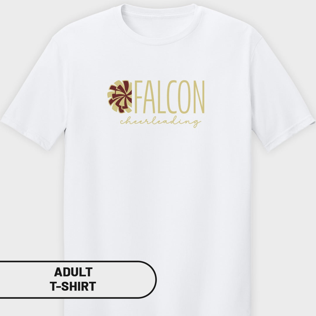White adult t-shirt with "FALCON cheerleading" text and a pom-pom graphic.