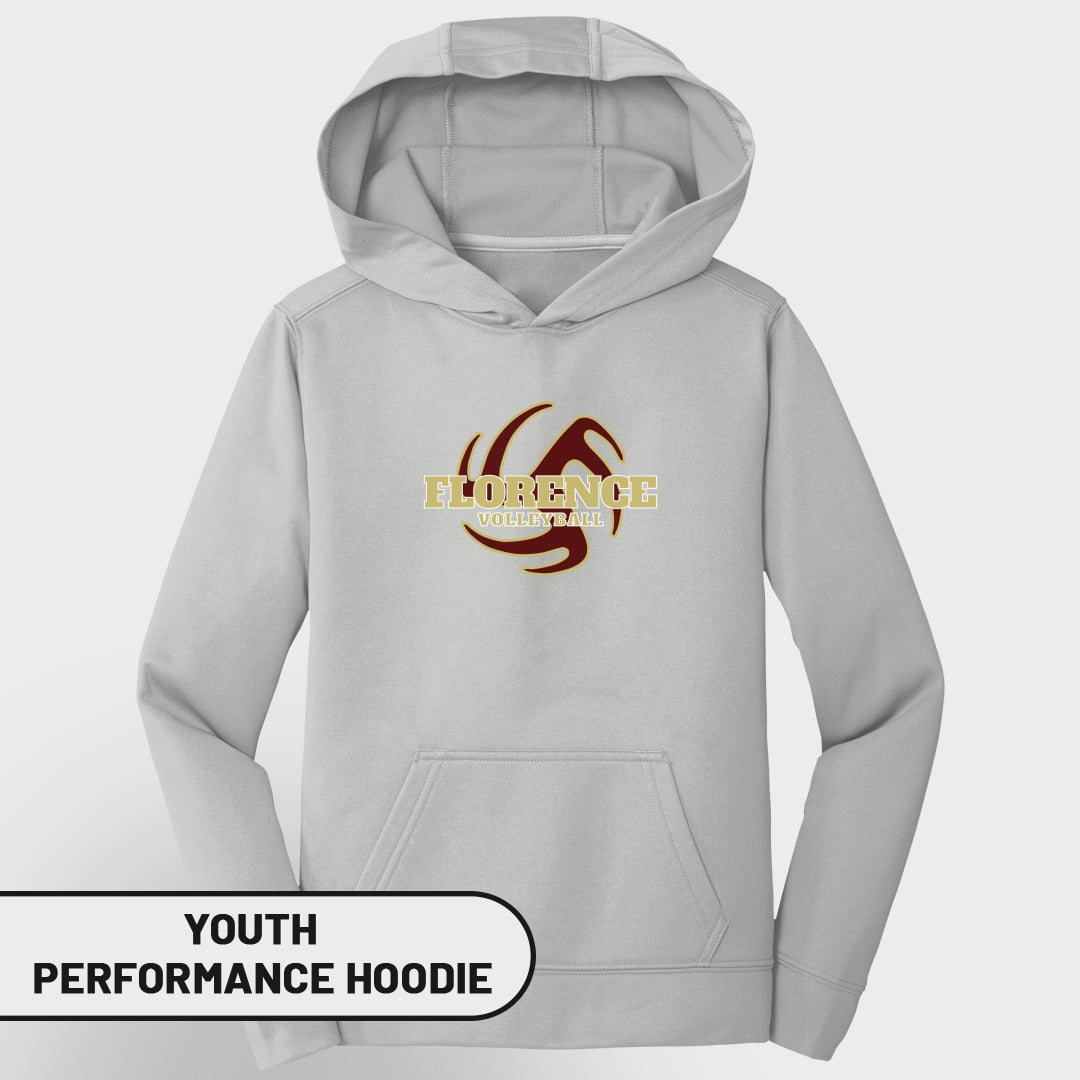 Youth grey performance hoodie with Florence Volleyball logo.