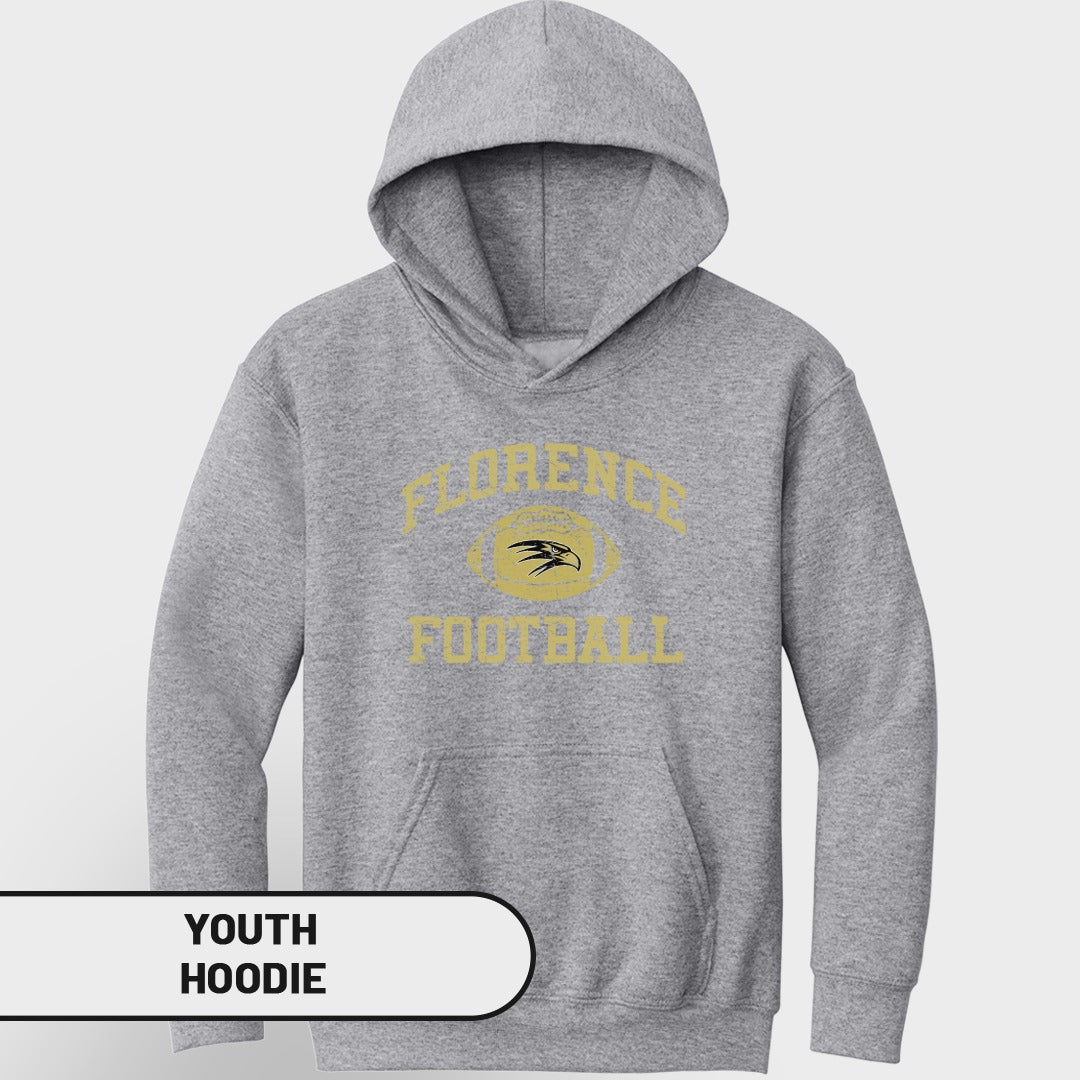 Gray youth hoodie with "Florence Football" and eagle graphic.