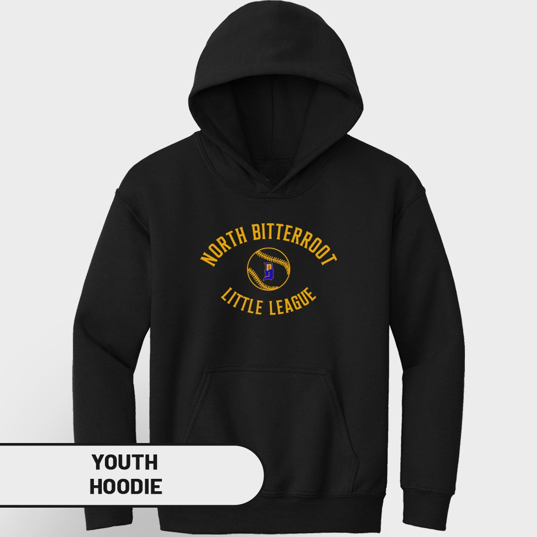 Black youth hoodie with North Bitterroot Little League logo.