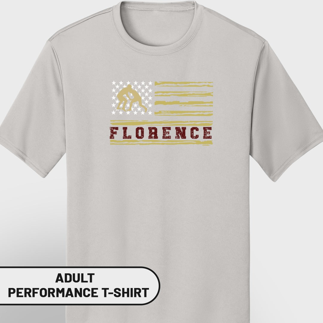 Light gray t-shirt with distressed American flag design featuring wrestling silhouette and "FLORENCE".