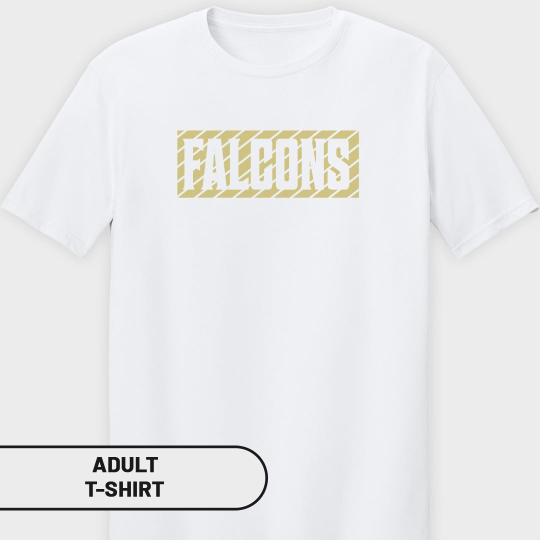 White adult t-shirt with gold Falcons text in a striped rectangle.