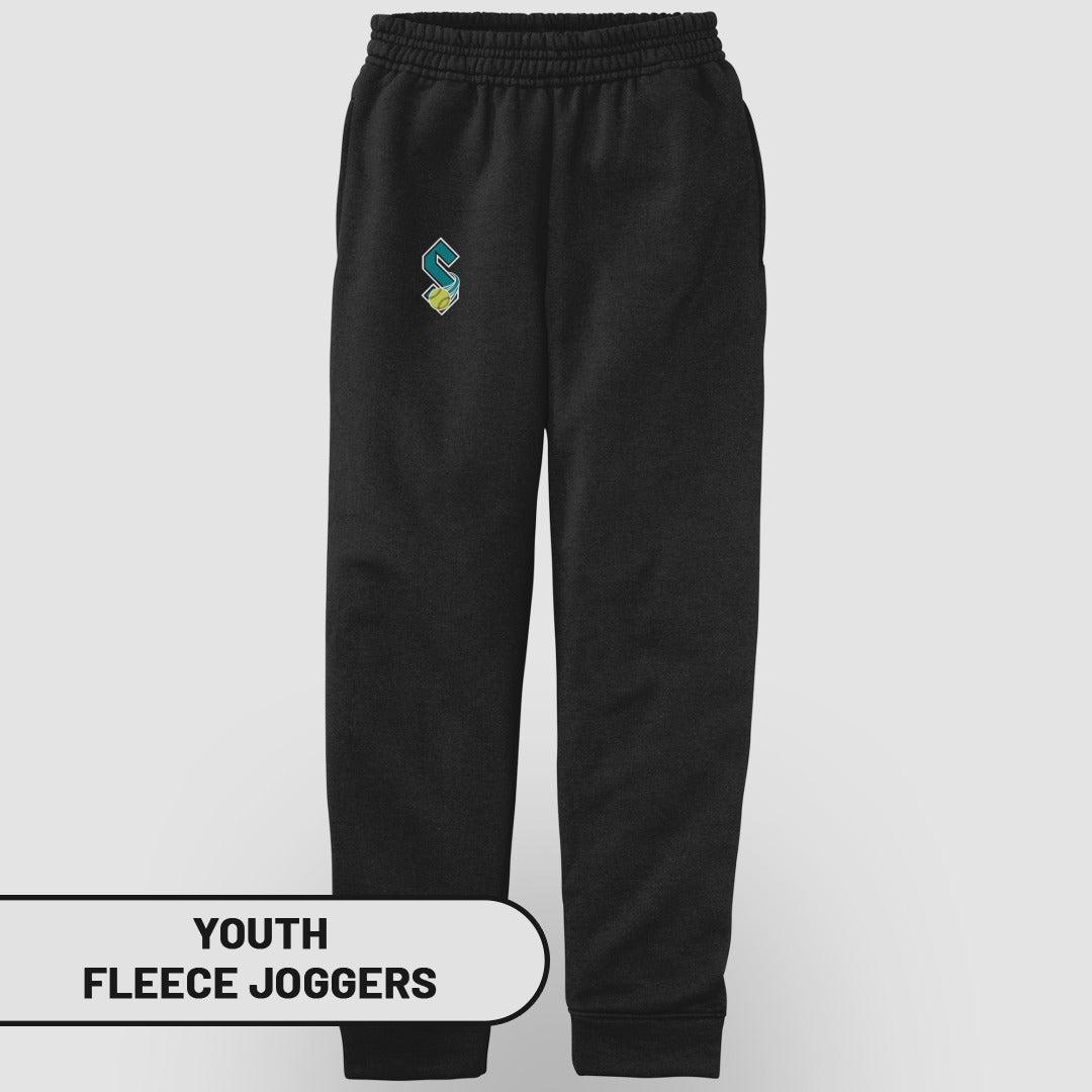 Black youth fleece joggers with a teal and yellow S logo.