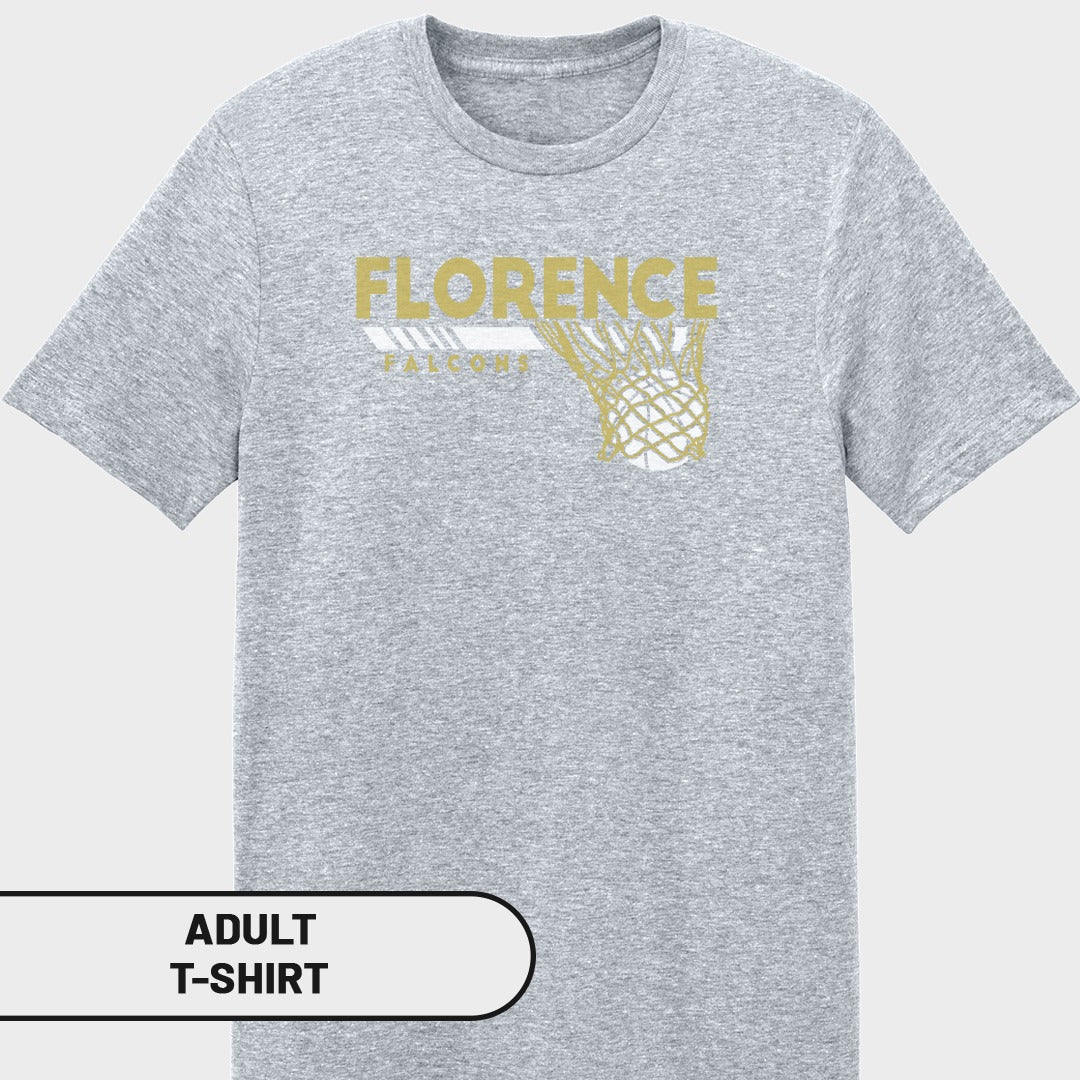 Adult t-shirt with "Florence Falcons" text and gold basketball net graphic.