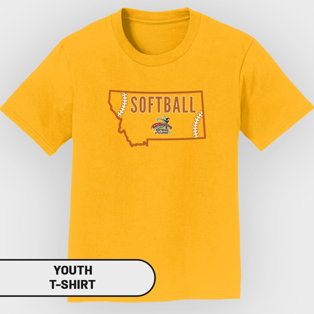 Yellow youth t-shirt with Montana outline, "Softball" text, and Little League logo.