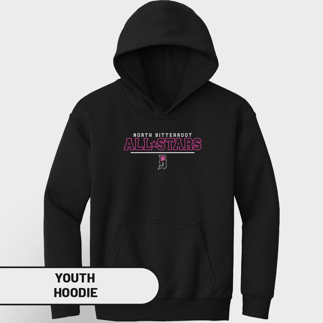 Black youth hoodie with "North Bitterroot All-Stars" and a "D" logo.