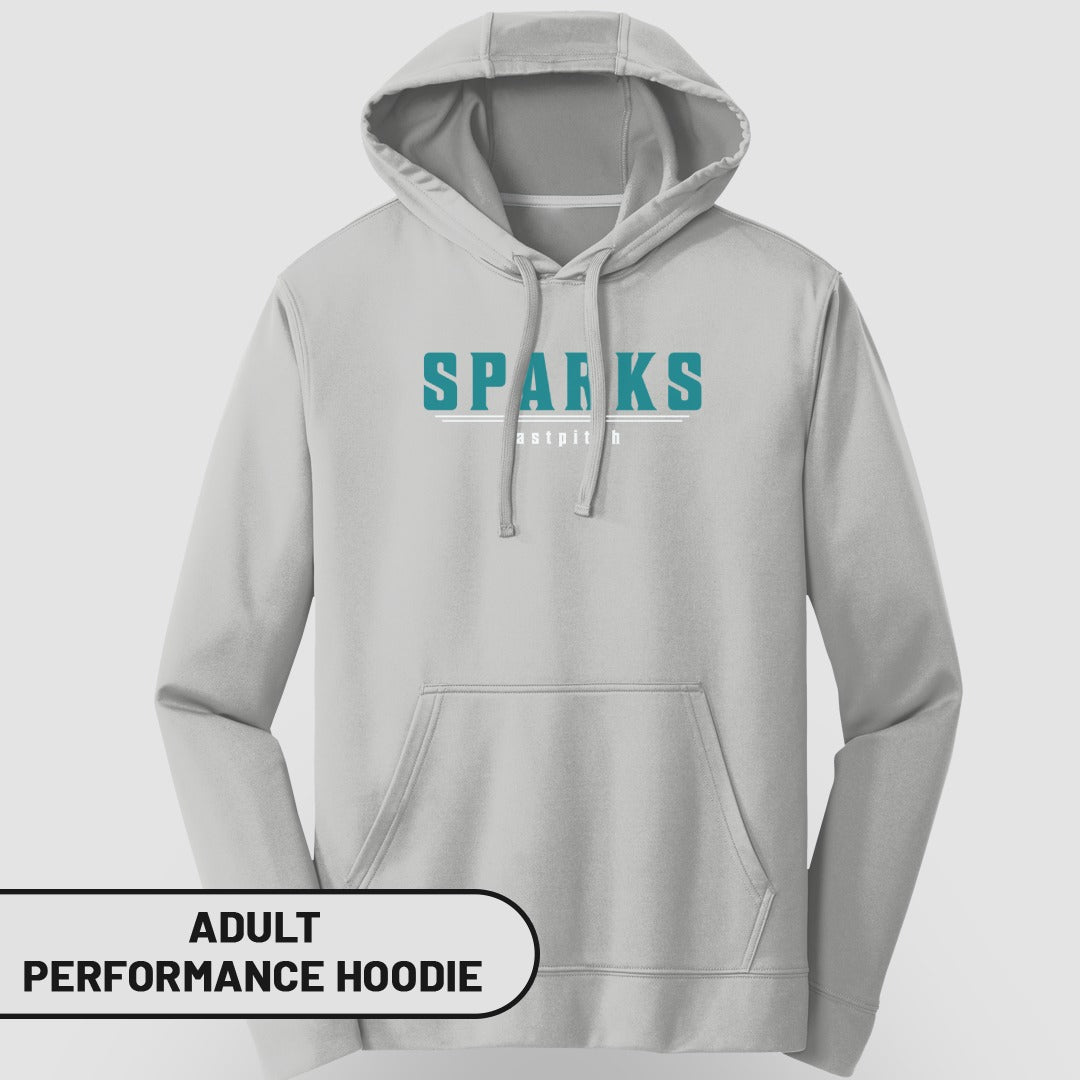 Grey adult performance hoodie with "SPARKS" and "eastpit h" text.