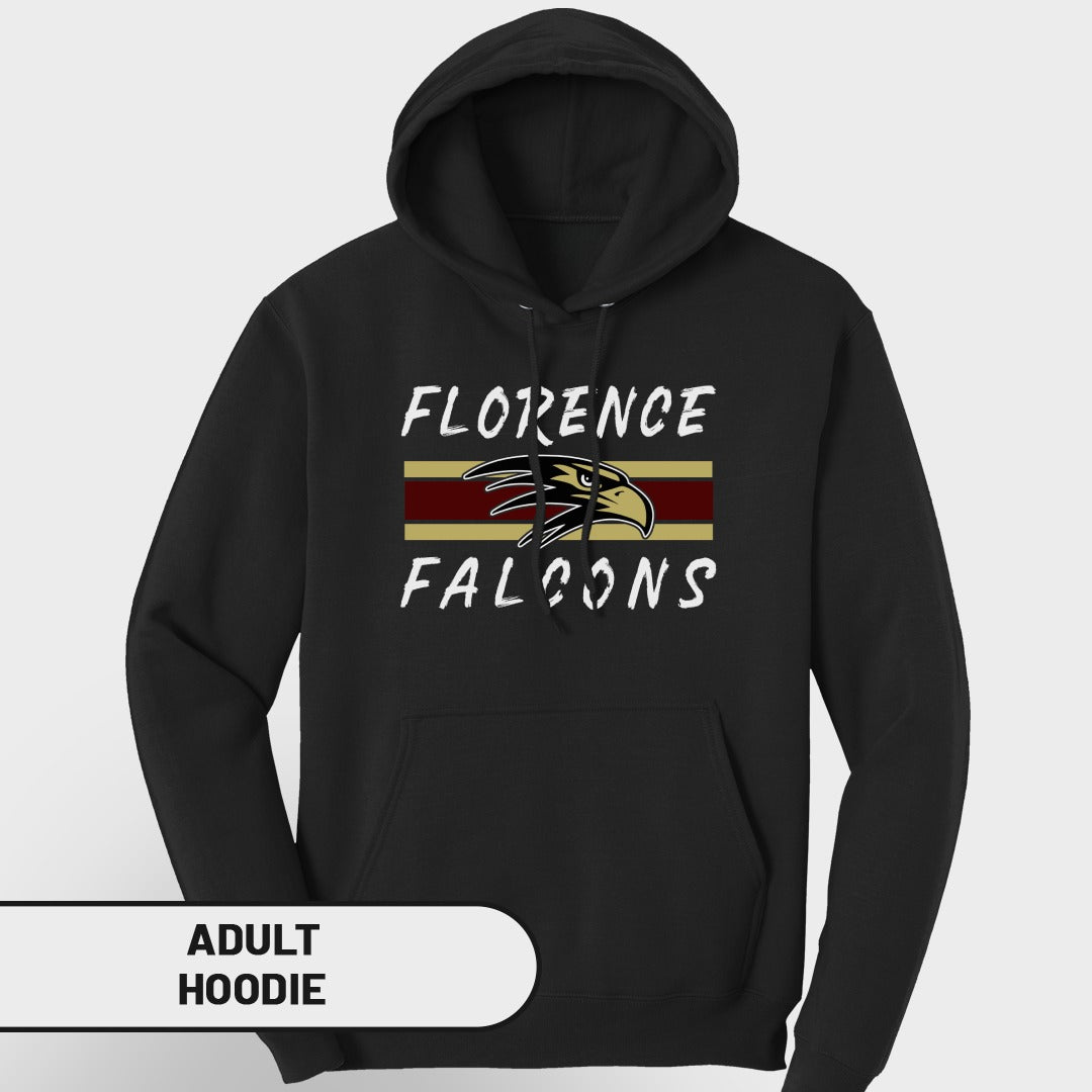 Black adult hoodie with "Florence Falcons" text and eagle graphic.