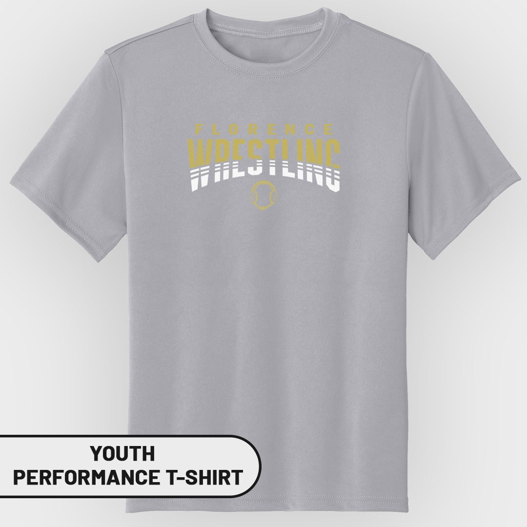 Youth grey performance t-shirt with "Florence Wrestling" text and wrestling graphic.