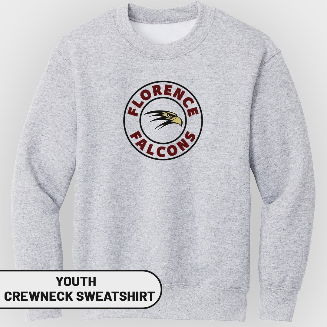 Youth crewneck sweatshirt with Florence Falcons logo on heather grey.
