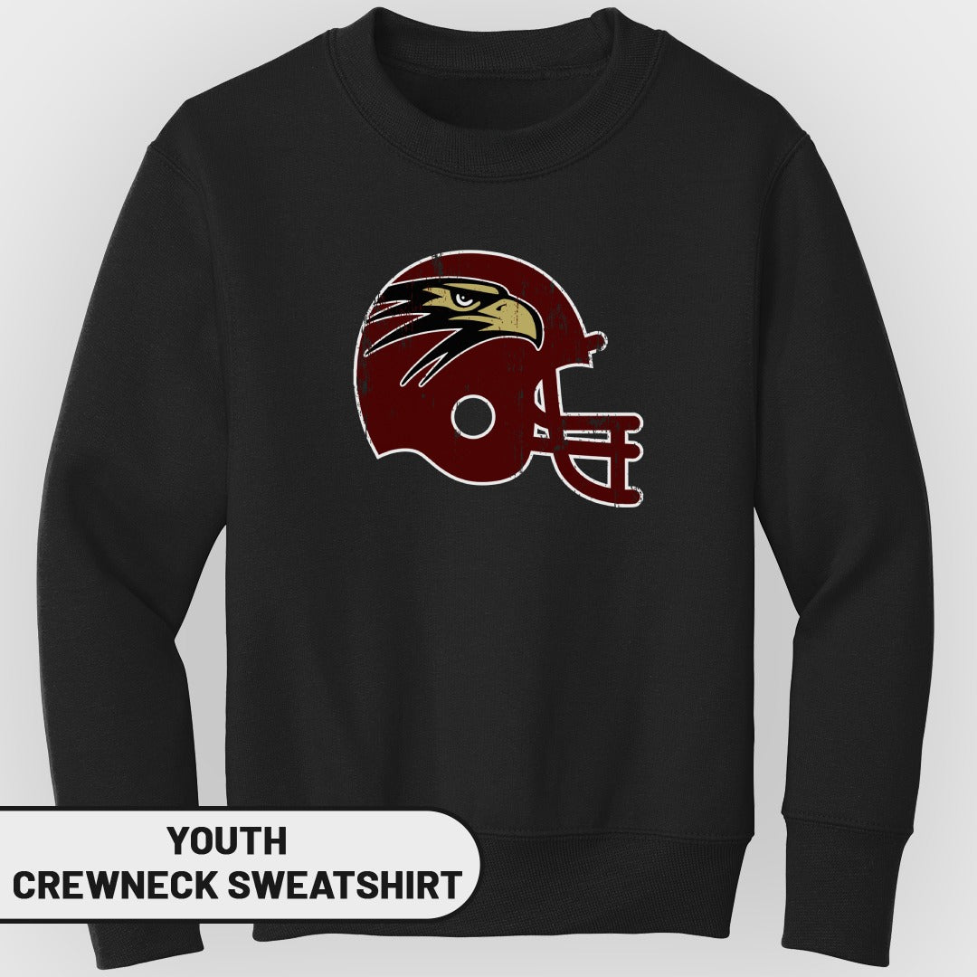 Black youth crewneck sweatshirt with a distressed maroon and gold eagle football helmet graphic.