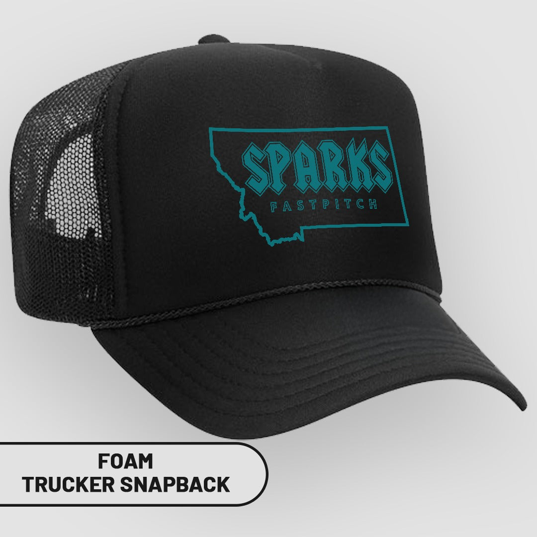 Black trucker hat with "Sparks Fastpitch" in turquoise outline inside Montana state shape.
