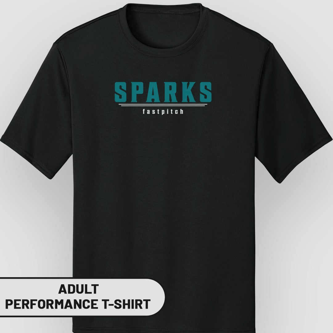 Black adult performance t-shirt with "SPARKS fastpitch" text.
