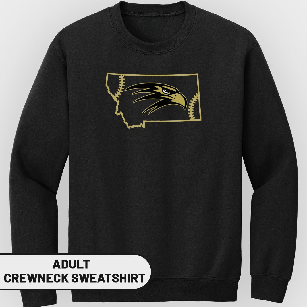Black adult crewneck sweatshirt with Montana outline and eagle graphic.